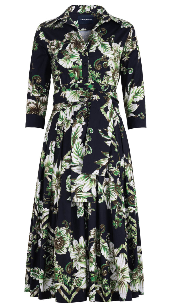 Audrey Dress #4 Shirt Collar 3/4 Sleeve Midi Length Cotton Stretch (Flower Luxembrug Ivory)