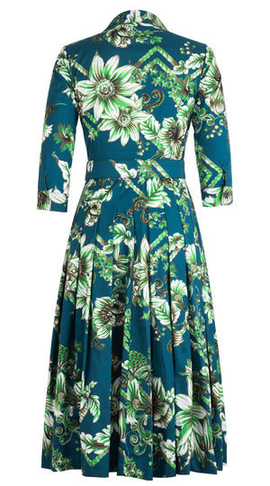 Audrey Dress #4 Shirt Collar 3/4 Sleeve Midi Length Cotton Stretch (Flower Luxembrug Ivory)