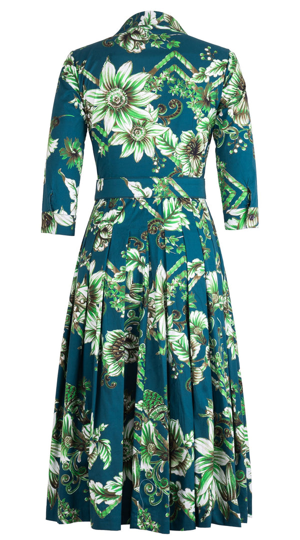 Audrey Dress #4 Shirt Collar 3/4 Sleeve Midi Length Cotton Stretch (Flower Luxembrug Ivory)