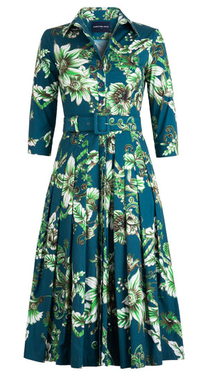 Audrey Dress #4 Shirt Collar 3/4 Sleeve Midi Length Cotton Stretch (Flower Luxembrug Ivory)
