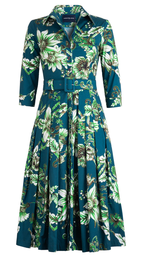 Audrey Dress #4 Shirt Collar 3/4 Sleeve Midi Length Cotton Stretch (Flower Luxembrug Ivory)