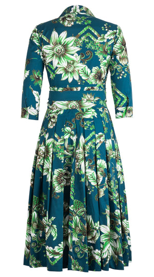 Audrey Dress #4 Shirt Collar 3/4 Sleeve Midi Length Cotton Stretch (Flower Luxembrug Ivory)