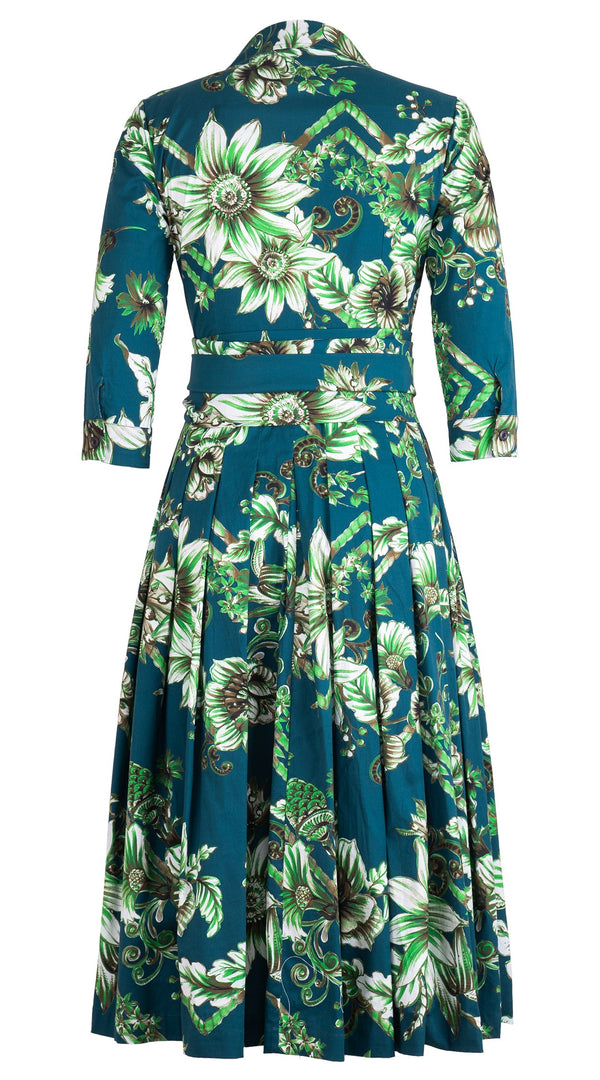 Audrey Dress #4 Shirt Collar 3/4 Sleeve Midi Length Cotton Stretch (Flower Luxembrug Ivory)
