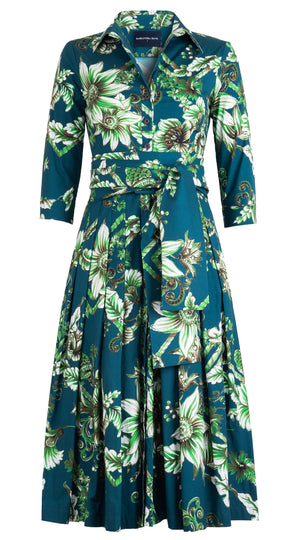 Audrey Dress #4 Shirt Collar 3/4 Sleeve Midi Length Cotton Stretch (Flower Luxembrug Ivory)