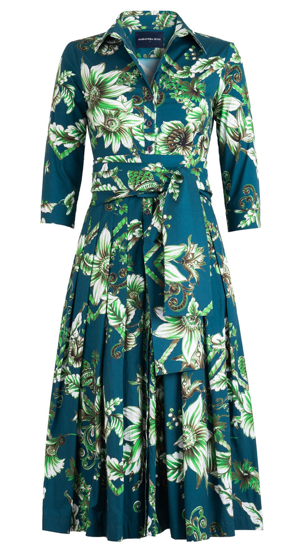 Audrey Dress #4 Shirt Collar 3/4 Sleeve Midi Length Cotton Stretch (Flower Luxembrug Ivory)