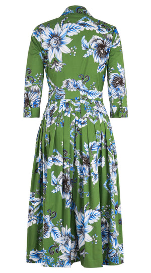 Audrey Dress #2 Shirt Collar 3/4 Sleeve Midi Length Cotton Stretch (Flower Luxembrug Ivory)