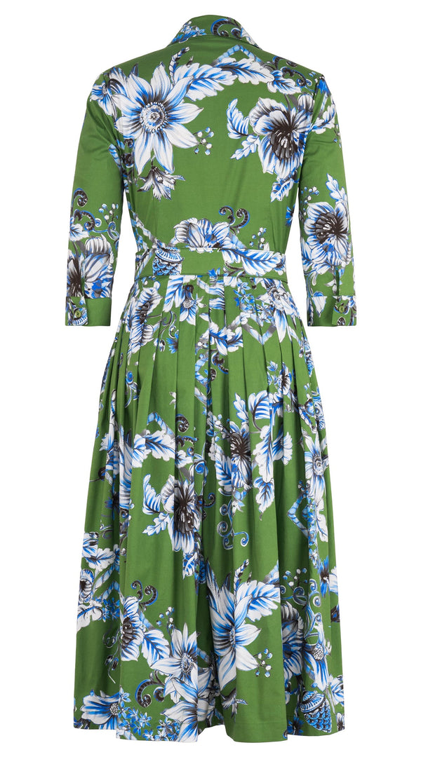 Audrey Dress #2 Shirt Collar 3/4 Sleeve Midi Length Cotton Stretch (Flower Luxembrug Ivory)