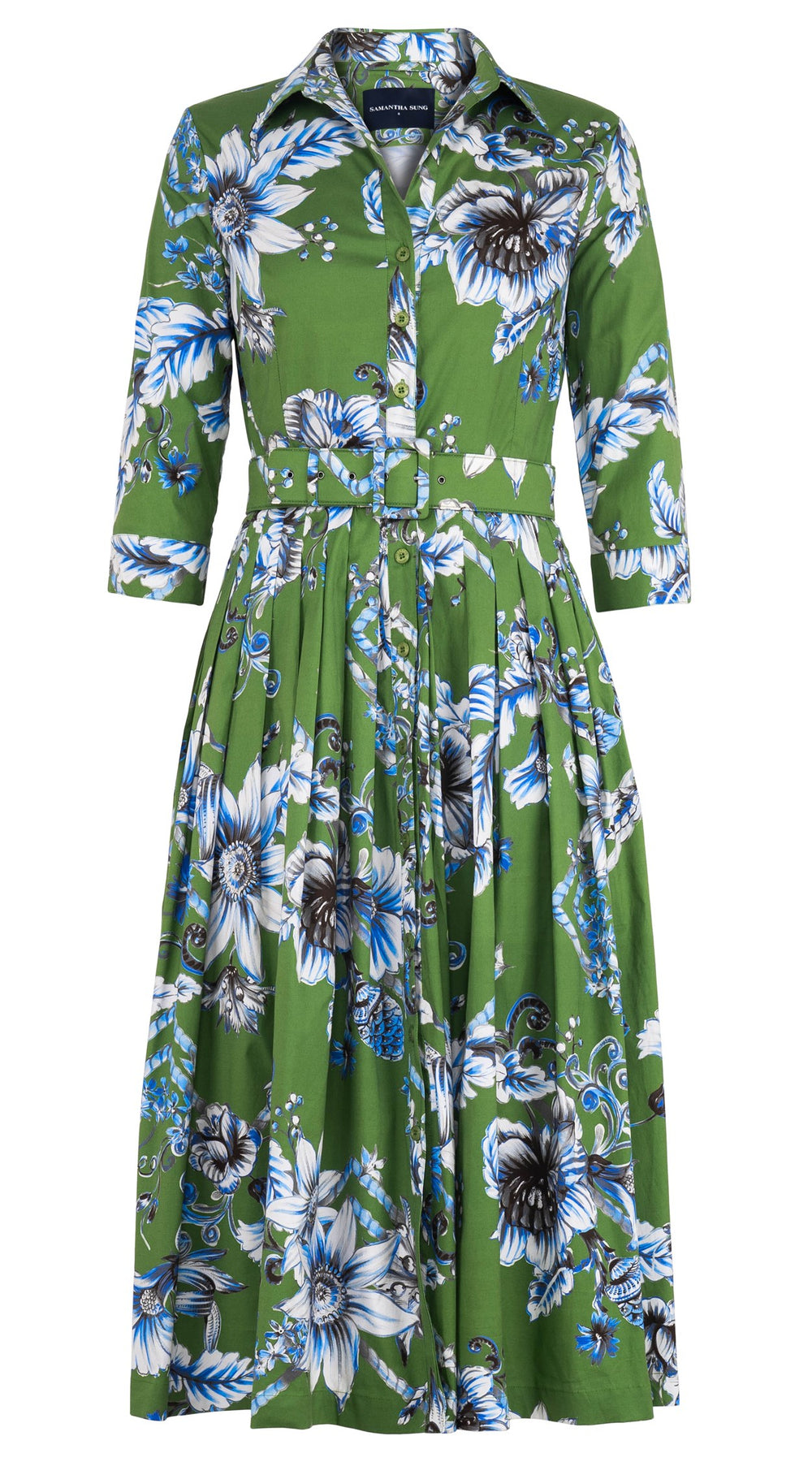 Audrey Dress #2 Shirt Collar 3/4 Sleeve Midi Length Cotton Stretch (Flower Luxembrug Ivory)