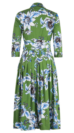 Audrey Dress #2 Shirt Collar 3/4 Sleeve Midi Length Cotton Stretch (Flower Luxembrug Ivory)