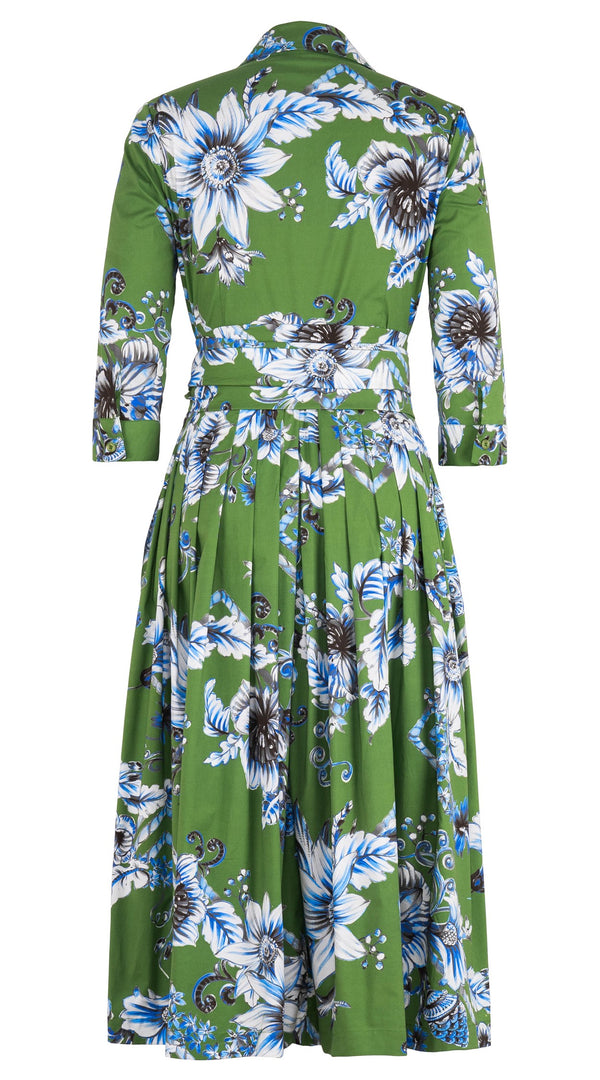 Audrey Dress #2 Shirt Collar 3/4 Sleeve Midi Length Cotton Stretch (Flower Luxembrug Ivory)
