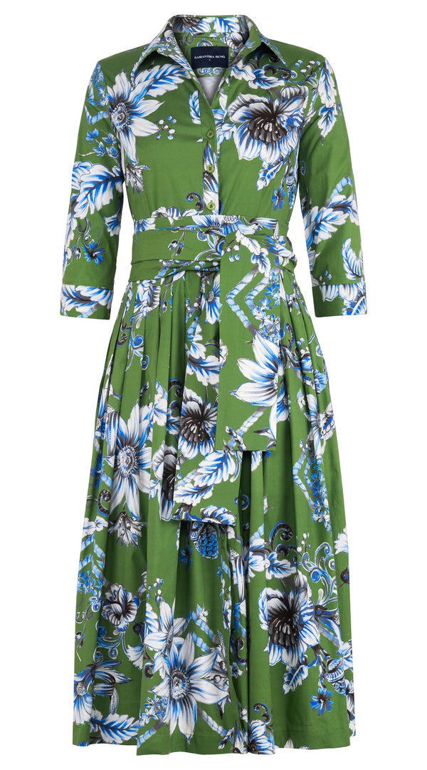 Audrey Dress #2 Shirt Collar 3/4 Sleeve Midi Length Cotton Stretch (Flower Luxembrug Ivory)
