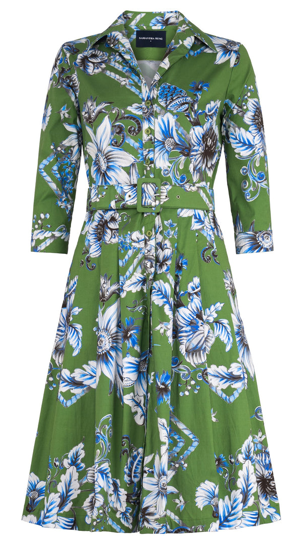 Audrey Dress #3 Shirt Collar 3/4 Sleeve Regular Length Cotton Stretch (Flower Luxembrug Ivory)