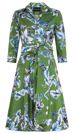 Audrey Dress #3 Shirt Collar 3/4 Sleeve Regular Length Cotton Stretch (Flower Luxembrug Ivory)