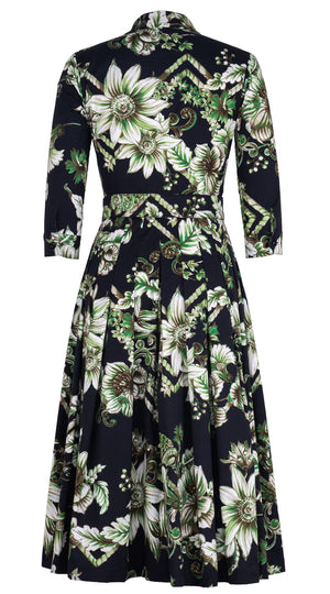 Audrey Dress #4 Shirt Collar 3/4 Sleeve Midi Length Cotton Stretch (Flower Luxembrug Ivory)
