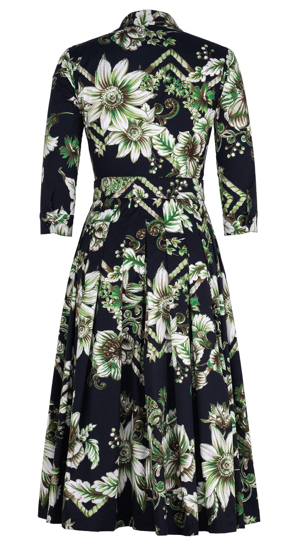 Audrey Dress #4 Shirt Collar 3/4 Sleeve Midi Length Cotton Stretch (Flower Luxembrug Ivory)