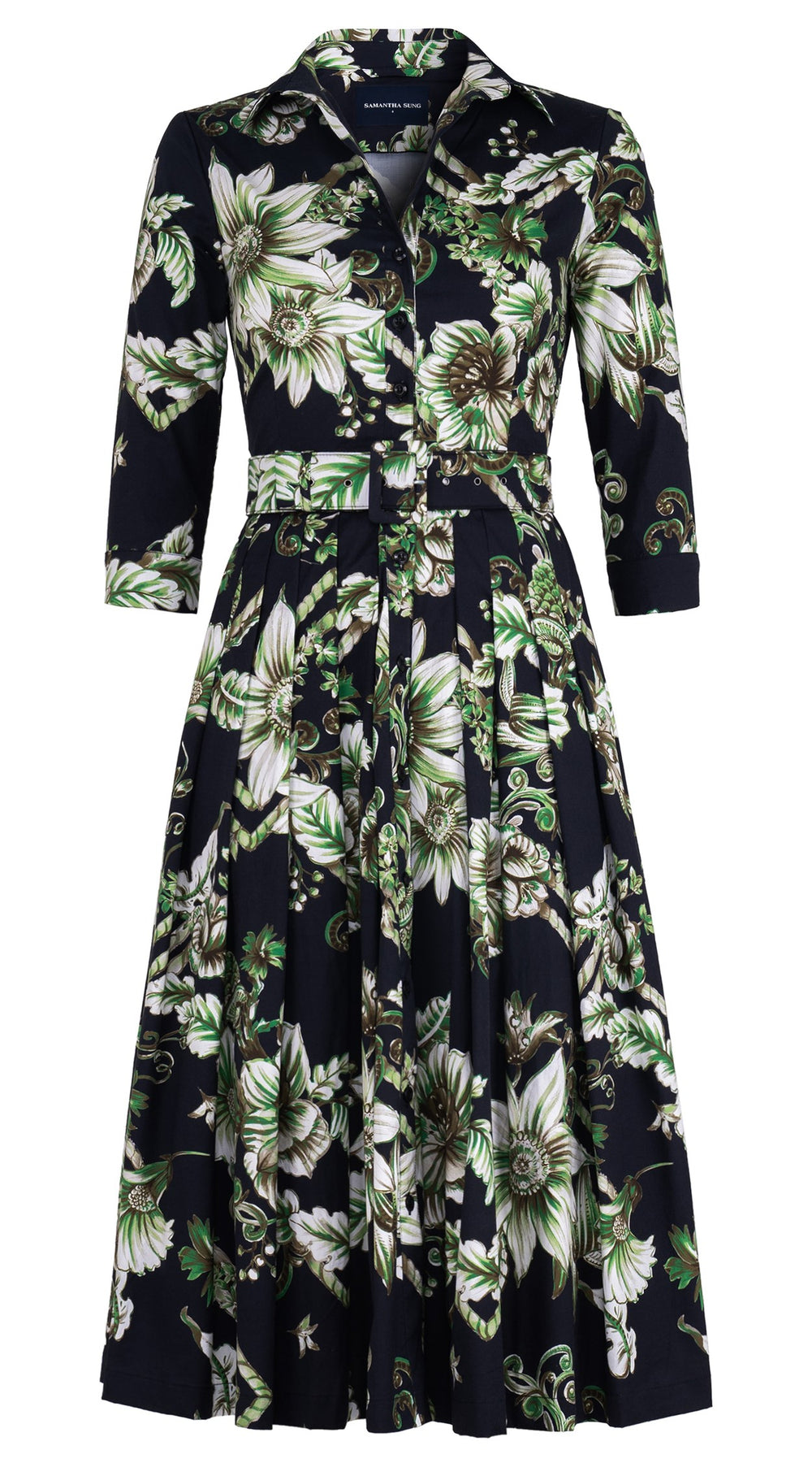 Audrey Dress #4 Shirt Collar 3/4 Sleeve Midi Length Cotton Stretch (Flower Luxembrug Ivory)