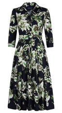 Audrey Dress #4 Shirt Collar 3/4 Sleeve Midi Length Cotton Stretch (Flower Luxembrug Ivory)