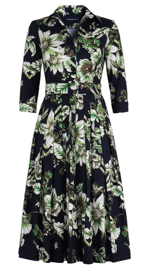 Audrey Dress #4 Shirt Collar 3/4 Sleeve Midi Length Cotton Stretch (Flower Luxembrug Ivory)