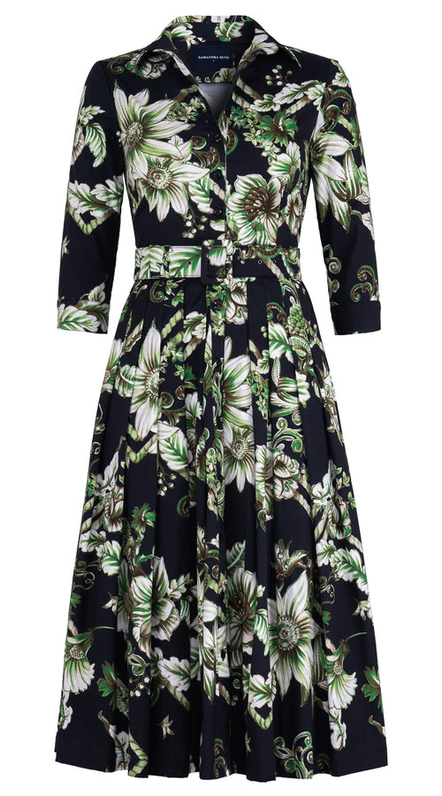 Audrey Dress #4 Shirt Collar 3/4 Sleeve Midi Length Cotton Stretch (Flower Luxembrug Ivory)