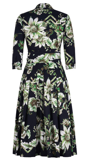Audrey Dress #4 Shirt Collar 3/4 Sleeve Midi Length Cotton Stretch (Flower Luxembrug Ivory)