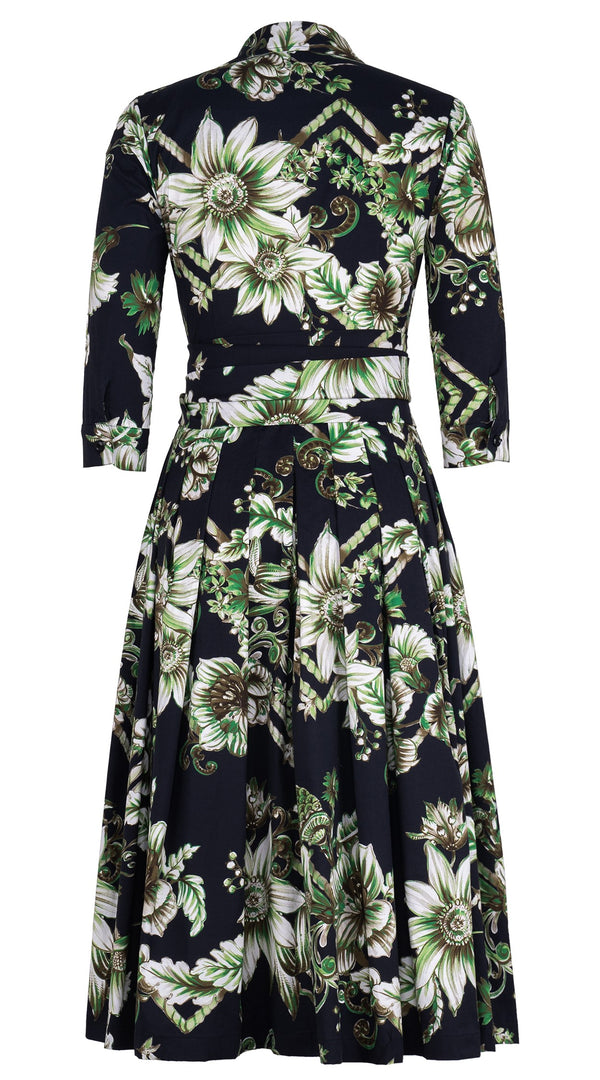 Audrey Dress #4 Shirt Collar 3/4 Sleeve Midi Length Cotton Stretch (Flower Luxembrug Ivory)