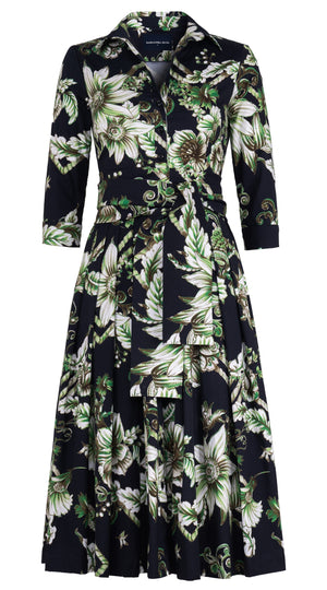 Audrey Dress #4 Shirt Collar 3/4 Sleeve Midi Length Cotton Stretch (Flower Luxembrug Ivory)