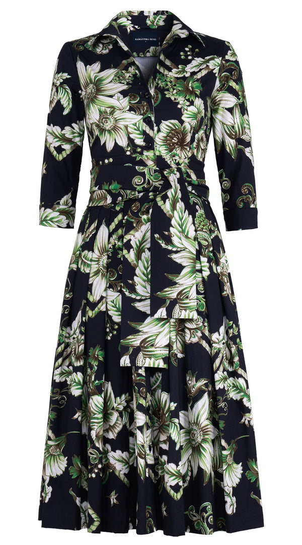 Audrey Dress #4 Shirt Collar 3/4 Sleeve Midi Length Cotton Stretch (Flower Luxembrug Ivory)