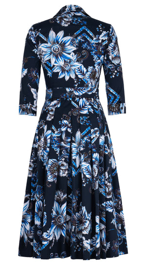 Audrey Dress #4 Shirt Collar 3/4 Sleeve Midi Length Cotton Stretch (Flower Luxembrug Ivory)