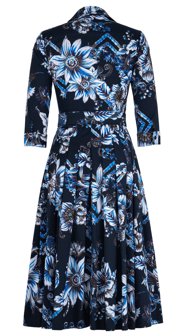 Audrey Dress #4 Shirt Collar 3/4 Sleeve Midi Length Cotton Stretch (Flower Luxembrug Ivory)