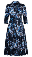 Audrey Dress #4 Shirt Collar 3/4 Sleeve Midi Length Cotton Stretch (Flower Luxembrug Ivory)