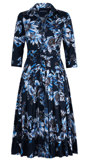Audrey Dress #4 Shirt Collar 3/4 Sleeve Midi Length Cotton Stretch (Flower Luxembrug Ivory)