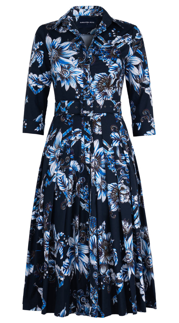 Audrey Dress #4 Shirt Collar 3/4 Sleeve Midi Length Cotton Stretch (Flower Luxembrug Ivory)