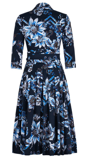 Audrey Dress #4 Shirt Collar 3/4 Sleeve Midi Length Cotton Stretch (Flower Luxembrug Ivory)