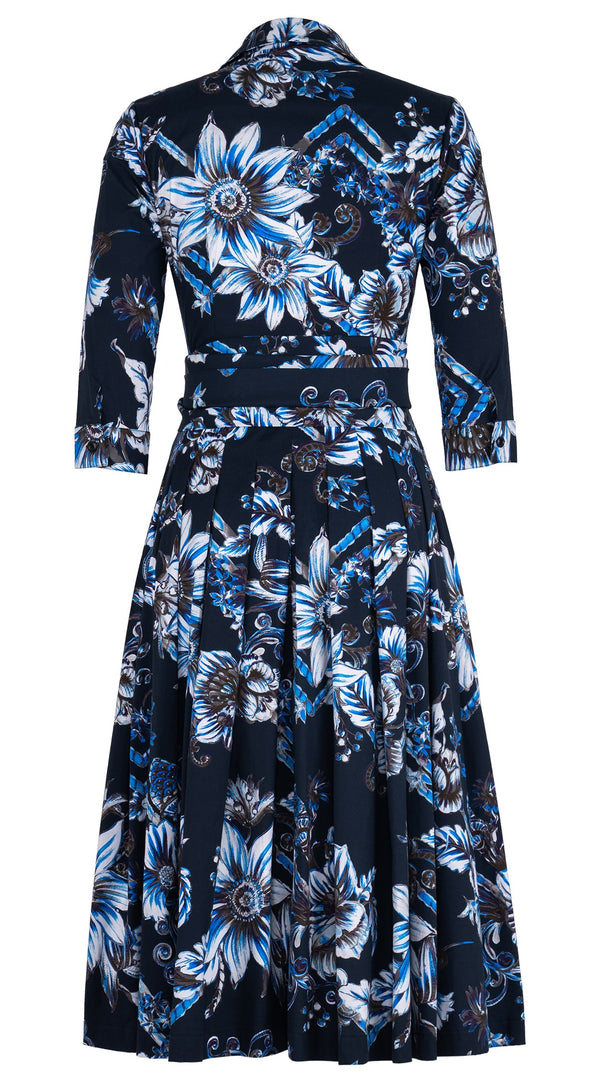 Audrey Dress #4 Shirt Collar 3/4 Sleeve Midi Length Cotton Stretch (Flower Luxembrug Ivory)