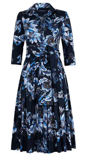 Audrey Dress #4 Shirt Collar 3/4 Sleeve Midi Length Cotton Stretch (Flower Luxembrug Ivory)