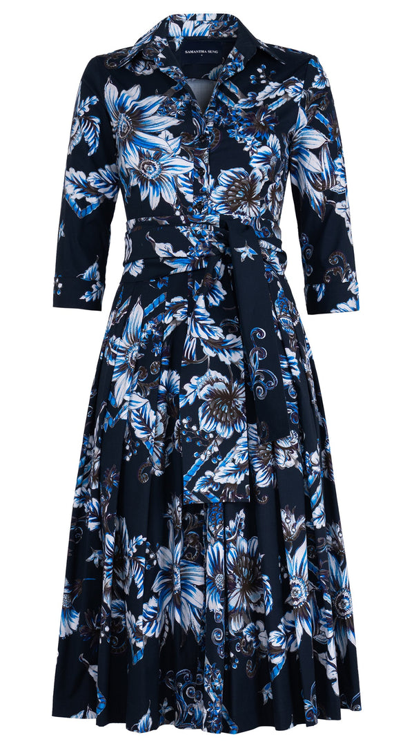 Audrey Dress #4 Shirt Collar 3/4 Sleeve Midi Length Cotton Stretch (Flower Luxembrug Ivory)