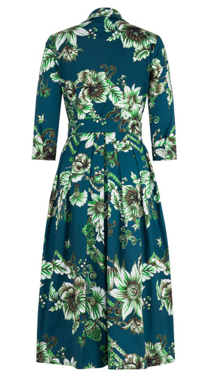 Audrey Dress #1 Shirt Collar 3/4 Sleeve Midi Length Cotton Stretch (Flower Luxembrug Ivory)