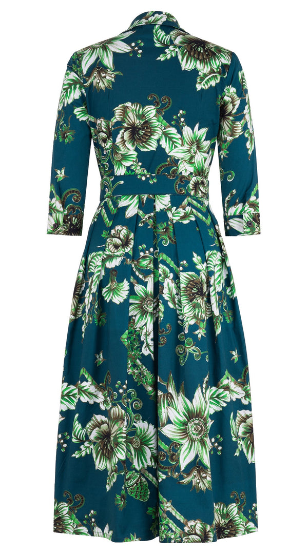 Audrey Dress #1 Shirt Collar 3/4 Sleeve Midi Length Cotton Stretch (Flower Luxembrug Ivory)