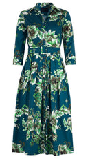 Audrey Dress #1 Shirt Collar 3/4 Sleeve Midi Length Cotton Stretch (Flower Luxembrug Ivory)