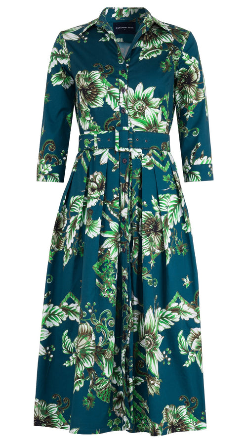 Audrey Dress #1 Shirt Collar 3/4 Sleeve Midi Length Cotton Stretch (Flower Luxembrug Ivory)