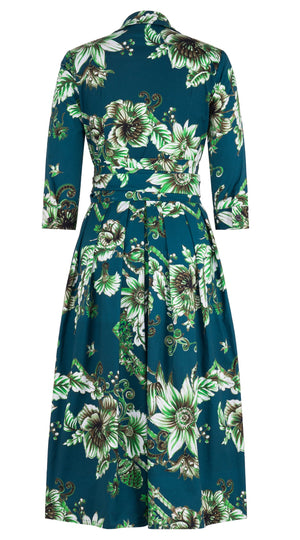 Audrey Dress #1 Shirt Collar 3/4 Sleeve Midi Length Cotton Stretch (Flower Luxembrug Ivory)