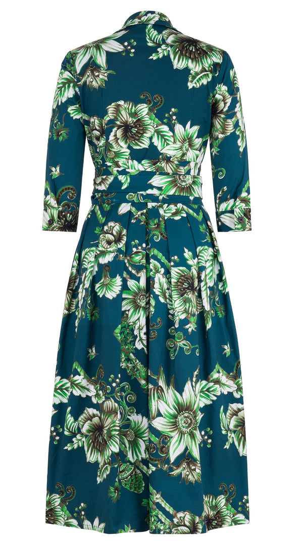 Audrey Dress #1 Shirt Collar 3/4 Sleeve Midi Length Cotton Stretch (Flower Luxembrug Ivory)