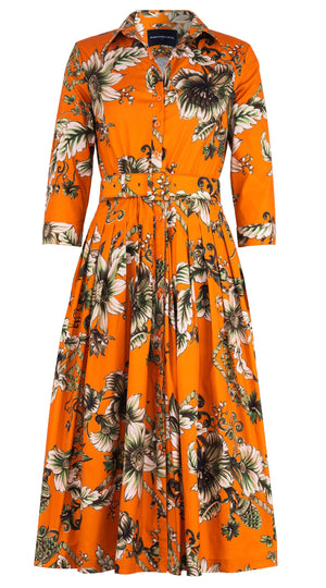 Audrey Dress #2 Shirt Collar 3/4 Sleeve Midi Length Cotton Stretch (Flower Luxembrug Ivory)