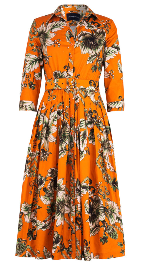 Audrey Dress #2 Shirt Collar 3/4 Sleeve Midi Length Cotton Stretch (Flower Luxembrug Ivory)