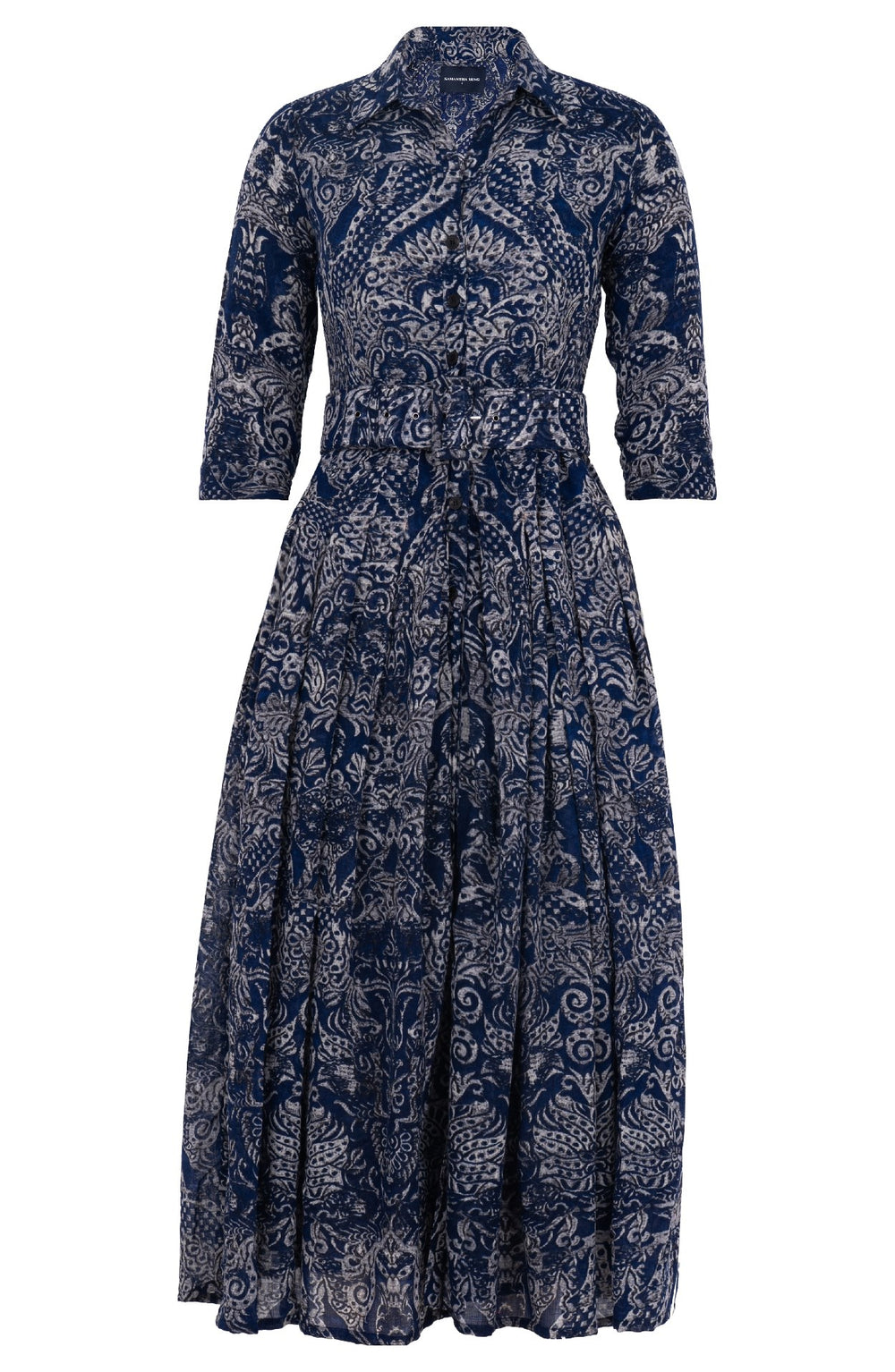 Audrey Dress #4 Shirt Collar 3/4 Sleeve Midi Plus Length Wool ( (Fortuny Velvet) - Admiral Blue
