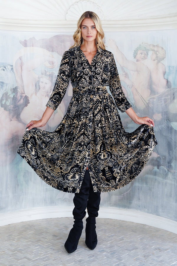 Audrey Dress #3 Shirt Collar 3/4 Sleeve Midi Length Silk Velvet (Fortuny Velvet)