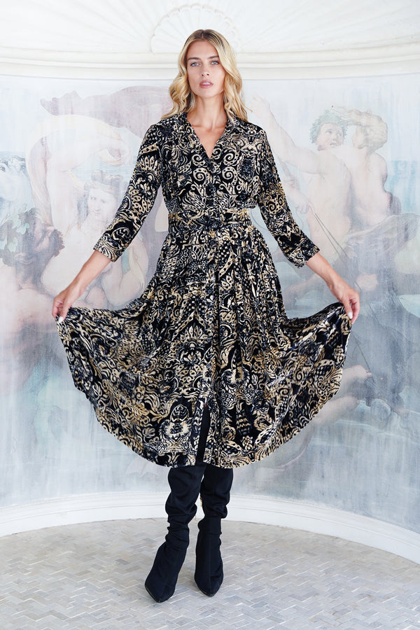 Audrey Dress #3 Shirt Collar 3/4 Sleeve Midi Length Silk Velvet (Fortuny Velvet)