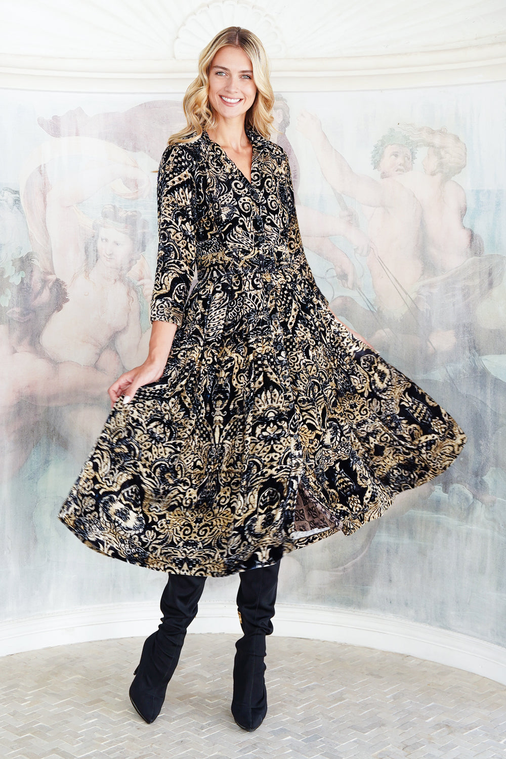 Audrey Dress #3 Shirt Collar 3/4 Sleeve Midi Length Silk Velvet (Fortuny Velvet)