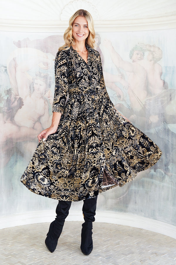 Audrey Dress #3 Shirt Collar 3/4 Sleeve Midi Length Silk Velvet (Fortuny Velvet)