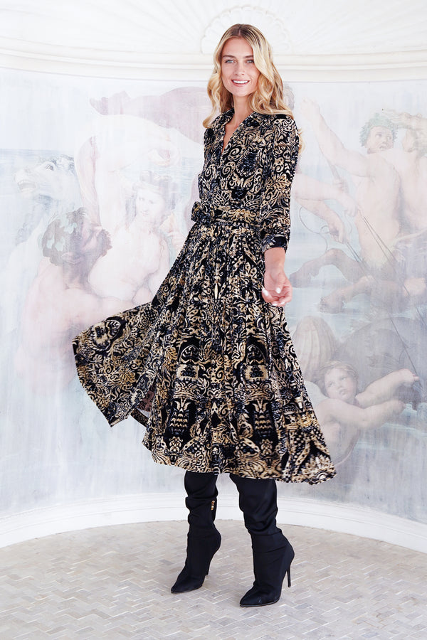 Audrey Dress #3 Shirt Collar 3/4 Sleeve Midi Length Silk Velvet (Fortuny Velvet)